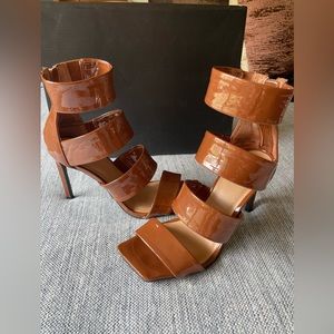 INC Liana Cognac patent leather heels, size 7